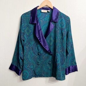 Vintage Victoria's Secret Gold Label Green Purple Paisley Shirt Top Button Small